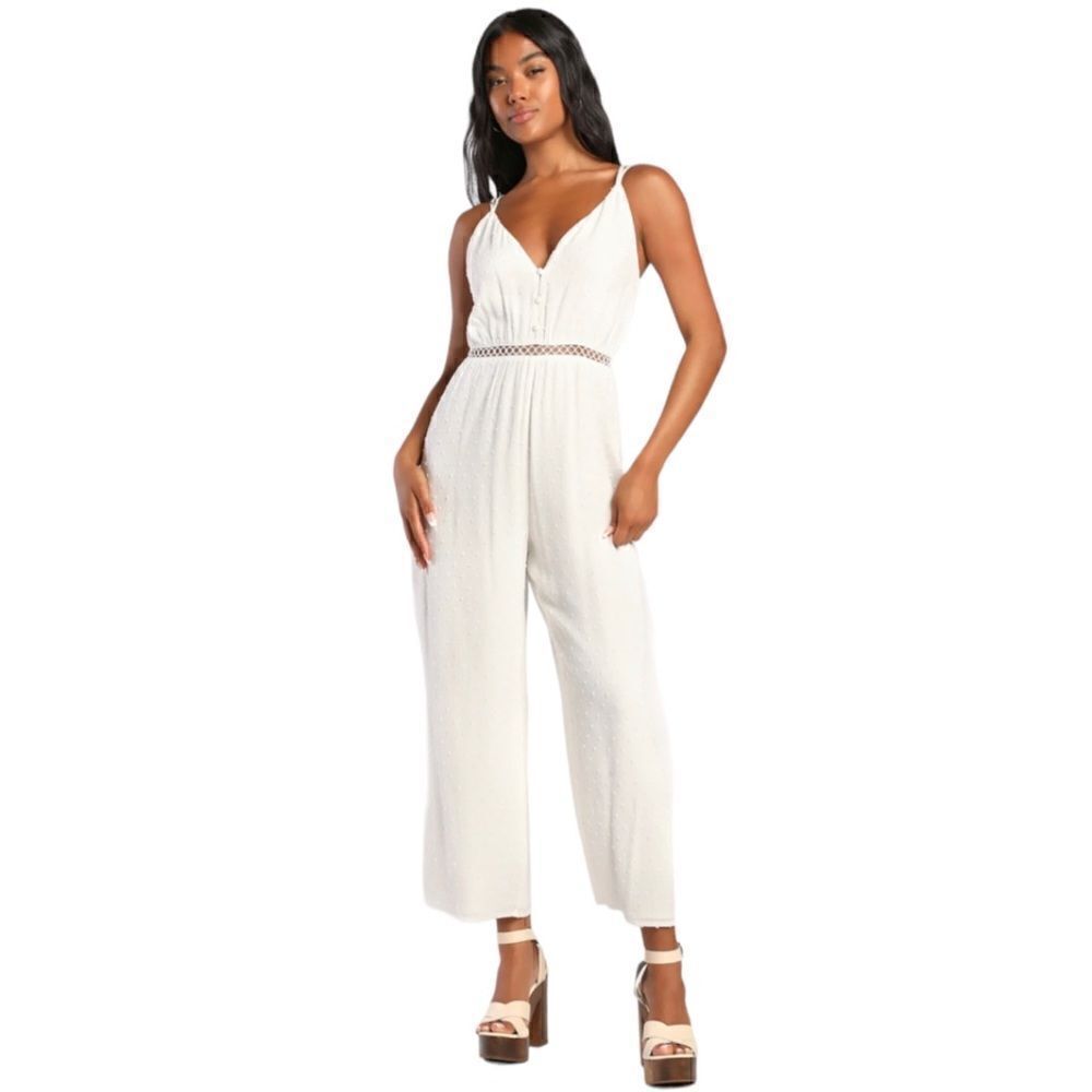 Lulus Ivory Swiss Dot Backless Jumpsuit Large